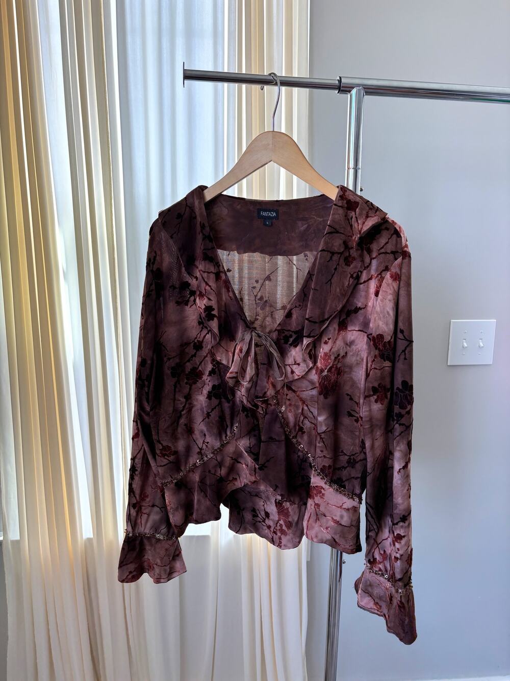 Vintage Y2K Fantazia Velvet Burnout Top Large Fairy Ren Faire Romantic Ruffles